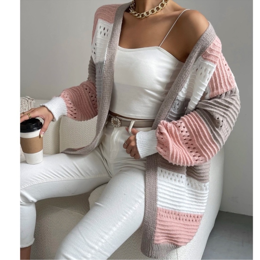 Cozy Color Block Open Front Loose Fit Cardigan XS S M L